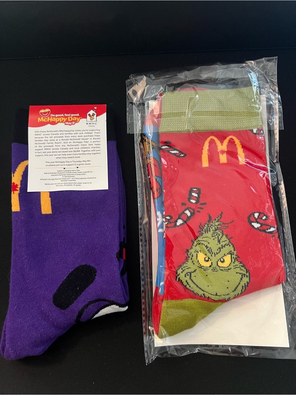 New McDonald's Canada McHappy Day Grimace & Sealed The Grinch Socks Lot